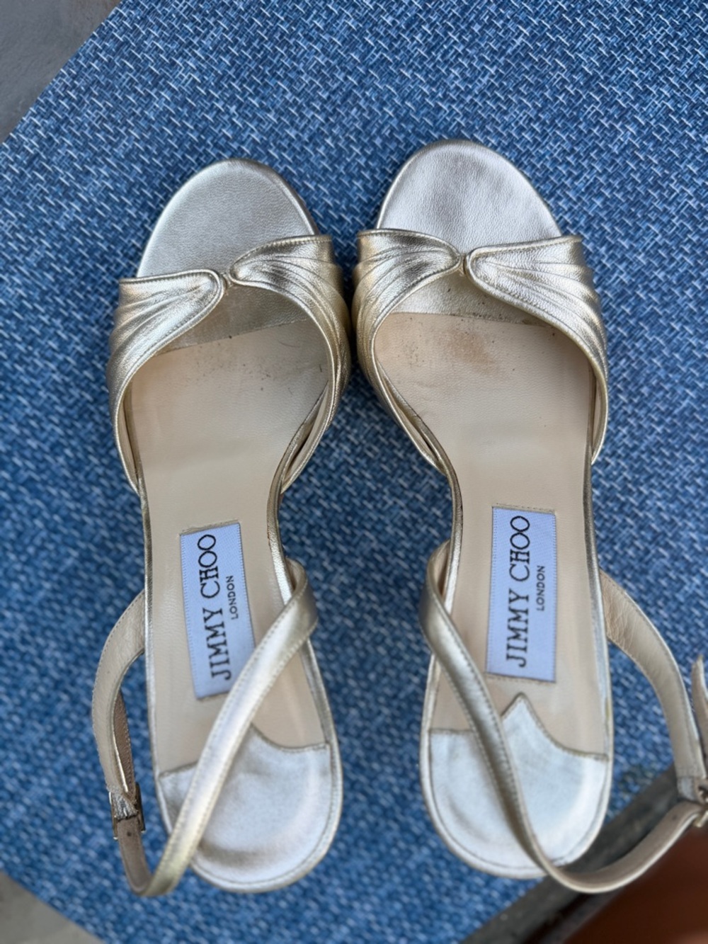 Jimmy Choo Metallic Gold Pleated Open-Toe Slingback Heels - Picture 2 of 4